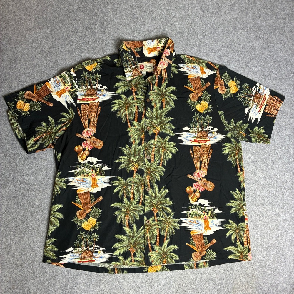 Hilo Hattie Button Up Shirt Mens 3X Black Excellent Tropical Tiki Aloha Hawaii